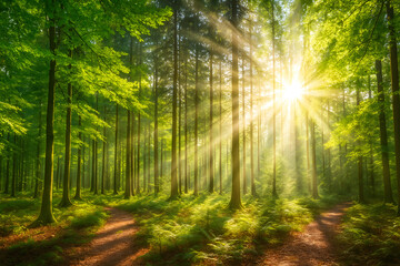 Green Forest with Sunlight Rays Through Trees