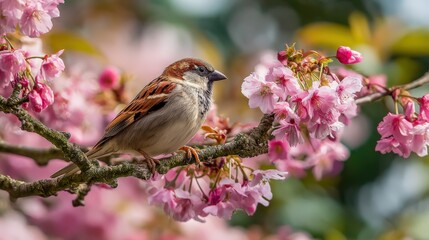 Fototapeta premium Sparrow perched on blossoming cherry tree branch in Springtime, vibrant wildlife scene, nature background