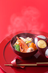 【お雑煮】お正月。一年の無事を祈り縁起良い餅の入った雑煮をいただきます。関東風のお雑煮です。