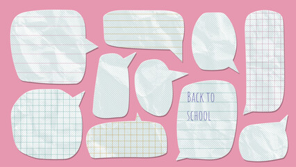 Set of checkered and striped speech bubbles made of crumpled white paper, isolated template for banner. Dialogue balloons with dotted texture, halftone effect, notebook sheet with jagged torn edges.