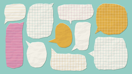 Set of speech bubble with ripped paper texture and grid and striped patterns foe back to school designs. Isolated vector elements. © LanaSham
