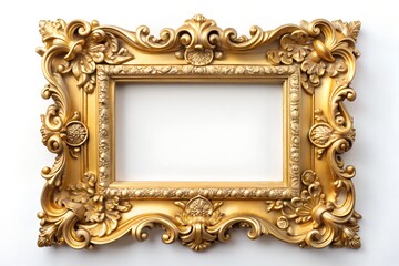Ornate golden baroque frame isolated on white background, showcasing antique vintage design, luxurious details, and classic victorian style for elegant decoration