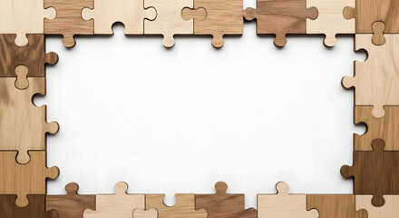 Natural wooden puzzle pieces form a border around a clean white space, perfect for creative projects and business concepts