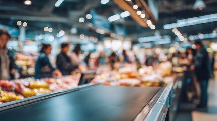 Fototapeta na wymiar Busy Supermarket Checkout Conveyor Belt with Shoppers in Background Blurring the Hustle and Bustle