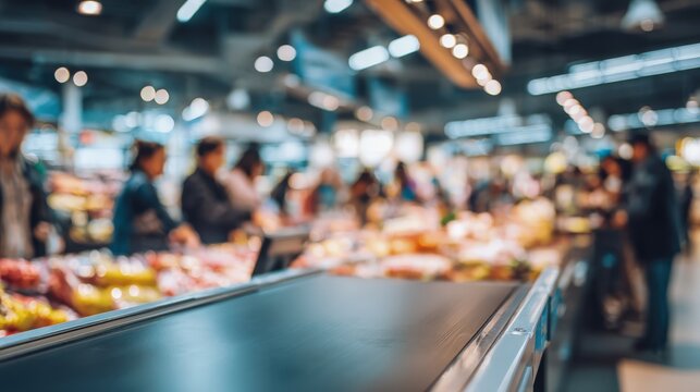 Busy Supermarket Checkout Conveyor Belt with Shoppers in Background Blurring the Hustle and Bustle