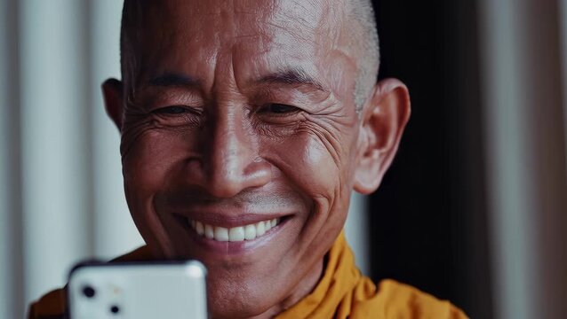 Elderly Asian Male Smiling While Using Smartphone