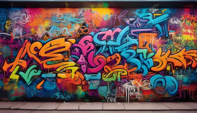 an urban wall covered in graffiti of various colors in a mix of writings and abstract designs with overlapping letters in different sizes and styles in a chaos of colors
