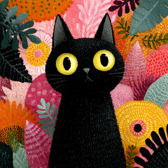 black cat with flowers