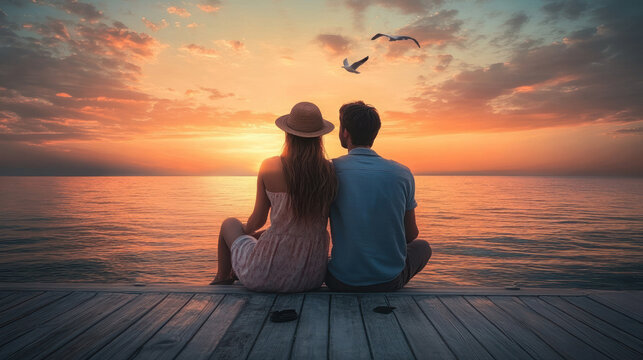 young caucasian couple sitting on wooden dock watching sunset over calm ocean. warm colors in sky, birds flying. peaceful atmosphere, romantic getaway travel poster or greeting card.