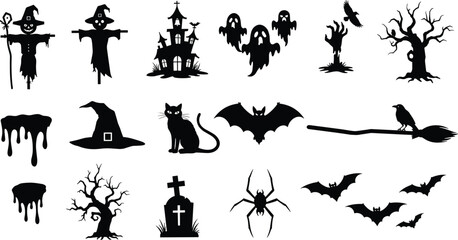 Halloween silhouettes, haunted house, spooky ghosts, witch hat, black cat, bats flying, creepy tree, graveyard, spider web, broomstick