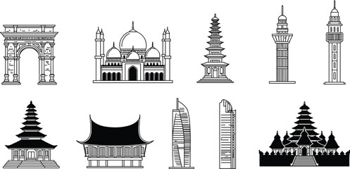 Famous Asian landmarks, architectural monuments icons, cultural buildings illustration, pagoda temple clipart, mosque vector, tower silhouette, Asian travel icons
