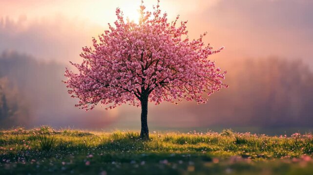 Cherry Blossom Tree at Sunset: A captivating view of a cherry blossom tree in full bloom. The image showcases the vibrant pink blossoms set against a backdrop of misty hills.