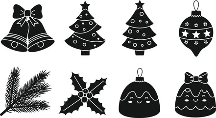 Christmas icon set, holiday clipart, Xmas tree, holly berries, festive bells, ornament decoration, cute pudding, winter pine branch