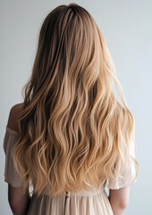 Naklejka premium Long Blonde Wavy Hair in a Cream Dress