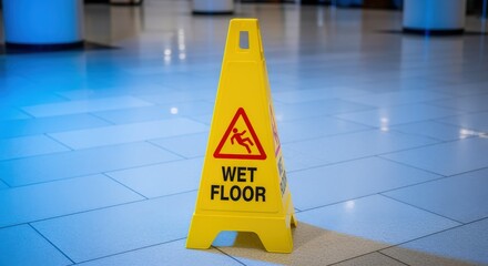 Caution Wet Floor Sign on Tiled Surface Warning of Slippery Conditions and Potential Hazards