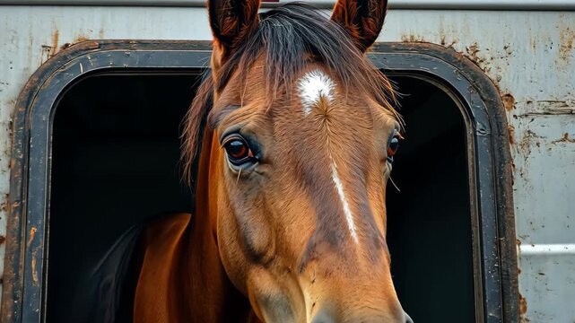 A Curious Glance: A regal horse, with a sleek brown coat and a captivating gaze, peers inquisitively from the confines of a horse trailer, hinting at adventure and travel.