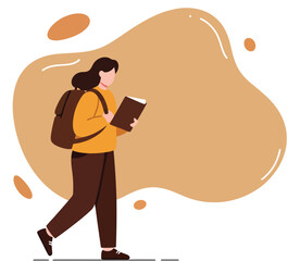Young Woman Walking and Reading Book Casual Brown Backpack Vector Illustration 
