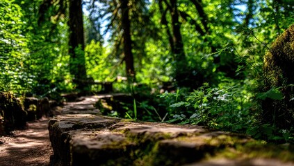Obraz premium Stone pathway through a lush forest.