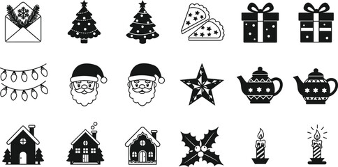 PrintChristmas icons, holiday decorations, Santa Claus, Christmas tree, gift boxes, candles, winter houses, festive lights, seasonal clipart