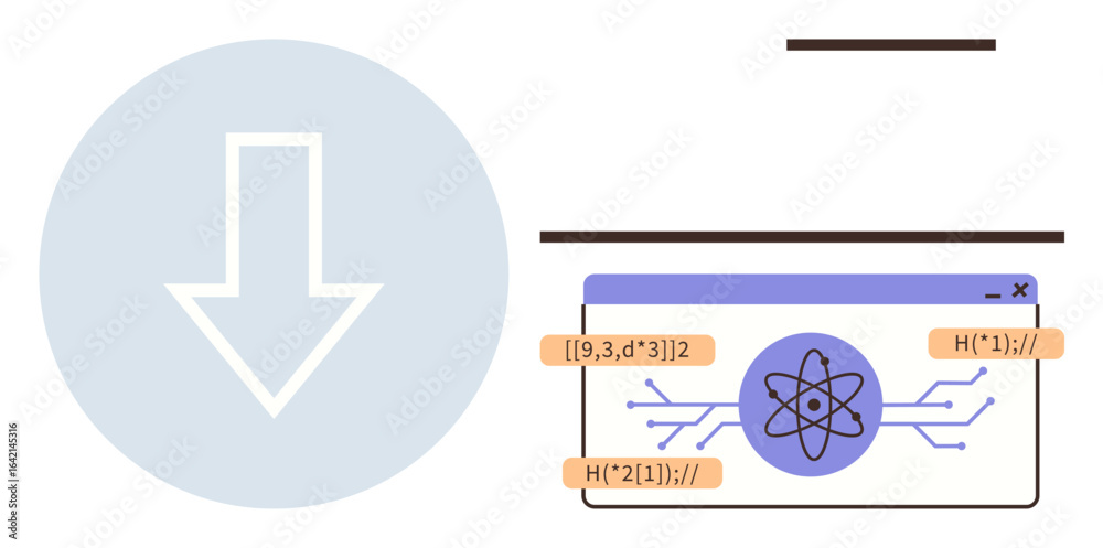 Wall mural arrow pointing downward next to digital window featuring atomic symbol, code snippets, and circuitry