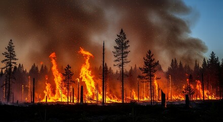 Obraz premium A devastating forest fire rages at night, with bright flames and thick smoke filling the sky.