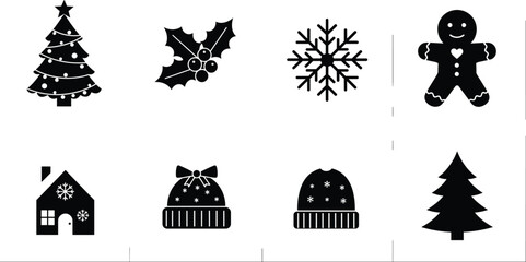 PrintChristmas vector icon set, holiday illustrations, winter elements clipart, snowflake, gingerbread man, Christmas hat, holly, festive home, tree