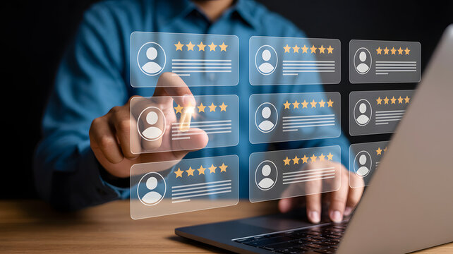 Man rating customer service using digital interface with stars and reviews