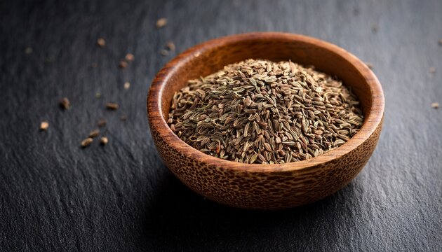 closeup of ajwain seeds in a wooden bowl over darl slate background