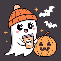 Cartoon ghost wearing a hat drinks from skull cup next to pumpkin with bats