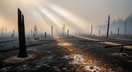 Charred trees and burnt ground in a desolate post-wildfire landscape with sun rays.