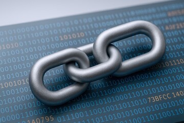 Metal Chain Links Over Digital Binary Code Background Symbolizing Blockchain Technology and Network Security