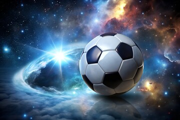 Fototapeta premium A soccer ball floating in a surreal space galaxy, surrounded by stars and nebula, representing the universal appeal and cosmic energy of the sport