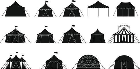 PrintTent silhouette collection, camping and circus tents, black vector icons, dome and canopy designs, outdoor shelter clipart, event tent illustration set