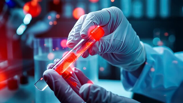 Science and Discovery: A gloved hand delicately holds a test tube filled with vibrant red liquid in a laboratory setting. This image embodies scientific curiosity and groundbreaking research.