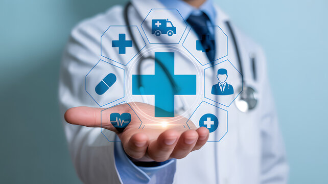 Doctor presenting healthcare symbols, representing medical assistance and care