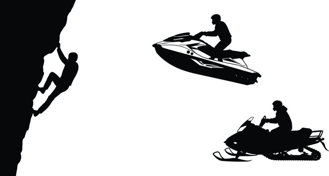 PrintOutdoor adventure silhouette set, rock climber, jet ski rider, snowmobile driver, extreme sports vector, black action clipart, recreational activity design
