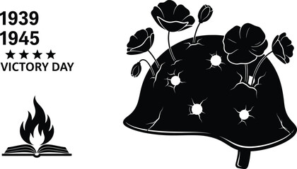 Vector art of victory day 1939 1945 helmet with poppies isolated on white background