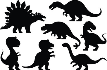 Dinosaur silhouette collection, prehistoric animal vector set, T-Rex, Stegosaurus, Brachiosaurus icons, black dino shapes, ancient creature clipart, minimal fossil design