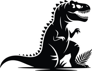 Tyrannosaurus rex silhouette, stylized dinosaur illustration, open mouth with teeth, spiked back, fern accent, prehistoric animal vector, minimal black design, fossil era icon