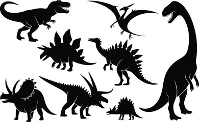 Dinosaur silhouette set, T. rex, Stegosaurus, Triceratops, Brachiosaurus, Spinosaurus, Pteranodon, Ankylosaurus, prehistoric animal vector, fossil era icons, minimal style design © Bappi Creatives