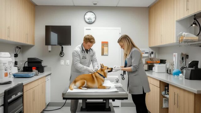 Two veterinarians, a man and a woman, are examining a dog in a sterile veterinary clinic room. The dog lies on an examination table while the vets attend to it.