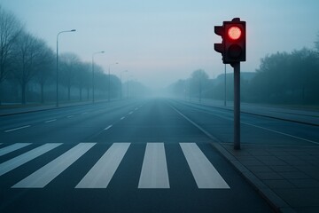 Red traffic light showing stop signal on empty foggy road