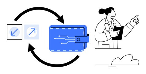 Digital wallet with circuit lines, circular arrows for transaction flow, doctor holding clipboard. Ideal for finance, health tech, e-wallets, secure payment, innovation, digital transformation