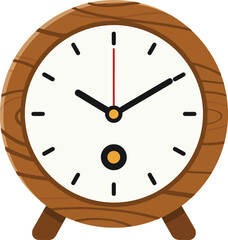 Fototapeta premium Wooden round clock with simple black markers and hands on stand vector illustration in neutral tones 