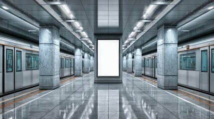 Obraz premium Subway Station Platform with Advertising Billboard, Mockup, Interior, Modern Architecture, Public Transportation, Urban Design