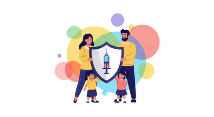 family holding shield with vaccine illustration representing protection. concept of health and safety. national immunization awareness month. healthcare promotion, public health campaign.