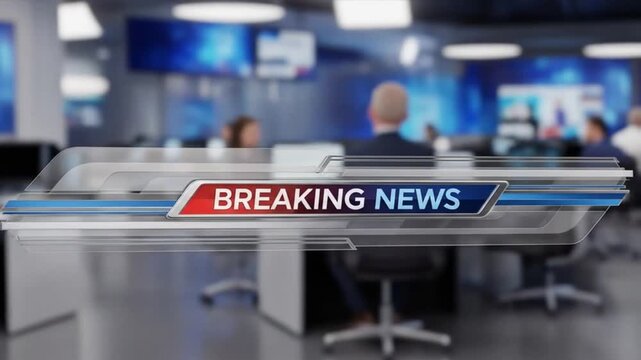 Dynamic view of a modern news studio with a prominent "BREAKING NEWS" graphic on screen, bustling with blurred journalists and multiple monitors in the background, conveying urgency.