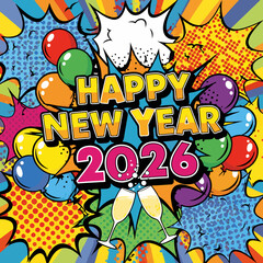 Pop art Happy New Year 2026 with balloons and comic style explosion