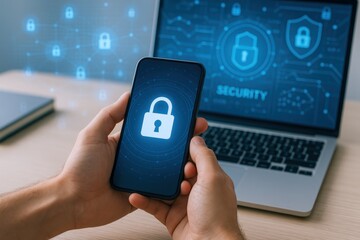 Data security concept: Person holding a smartphone with padlock icon, laptop background with digital security interface.