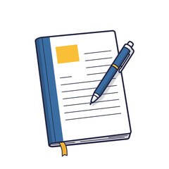 Open notebook with blank pages and blue pen on white background  